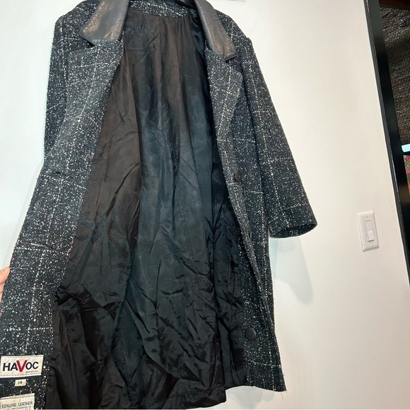 Vintage 80s HaVoc Tweed Genuine Leather Long line blazer Trench Jacket black 14 - Picture 7 of 13